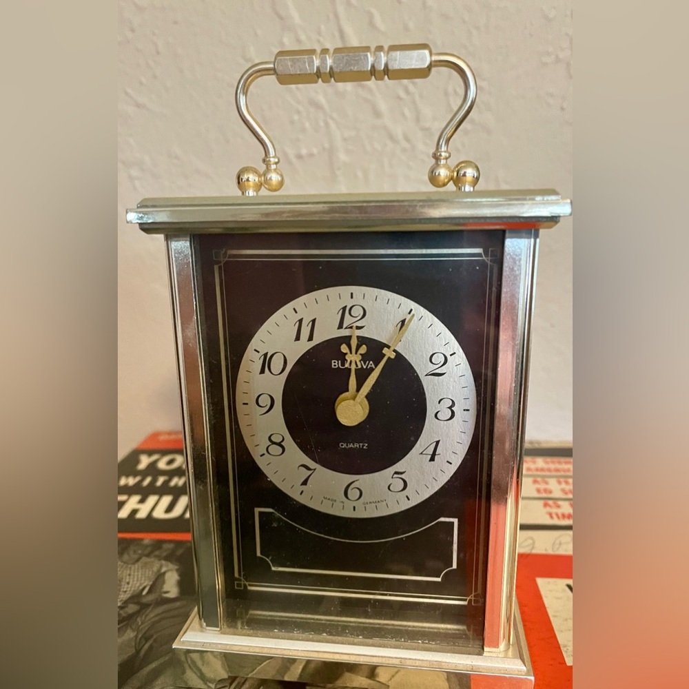 Bulova Quartz Brass Black Gold Dial Carriage Desk Clock West Germany
